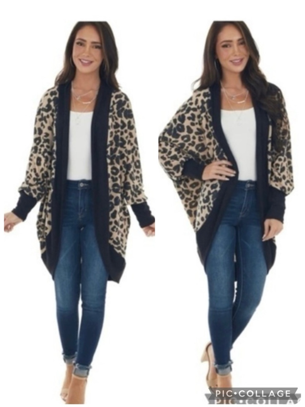 First Love Latte Black Tan Animal Print Open Front Cocoon Cardigan NWOT M